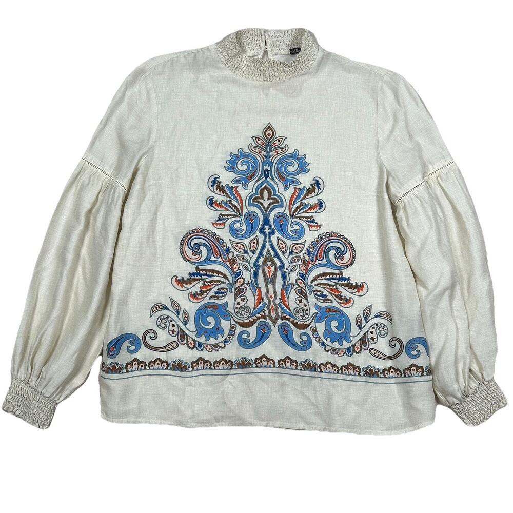 J. McLaughlin Blouse Beige Boho Ruffle Smocked Bishop Sleeve Women's Size Small